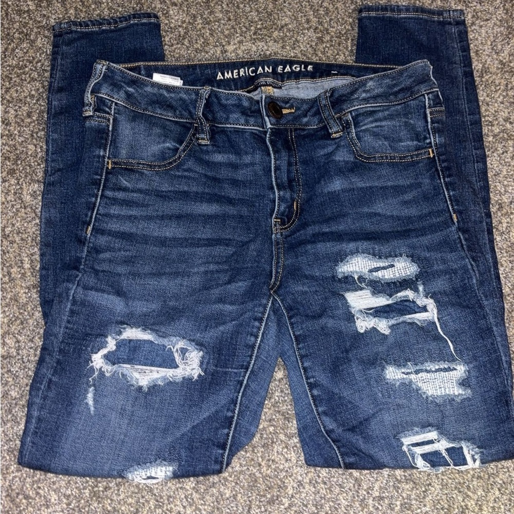 American Eagle Outfitters Women's Dark Blue Ripped Skinny Jeans